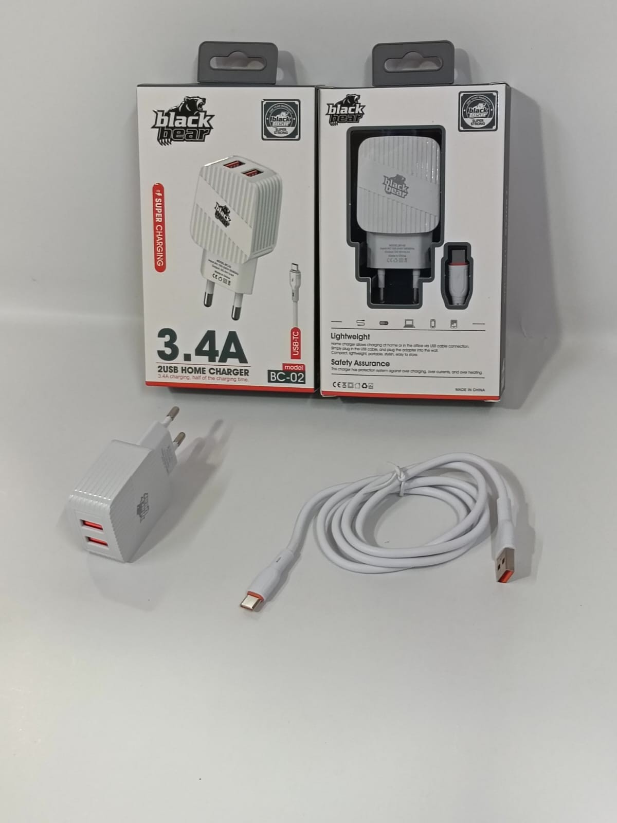 شاحن Black Bear 2USB 3.4A شحن سريع بكابل تايب سي – موديل BC-02 - تسوق الآن من شركه البشاتلى للاستيراد وتجاره اكسسوارات الموبيل