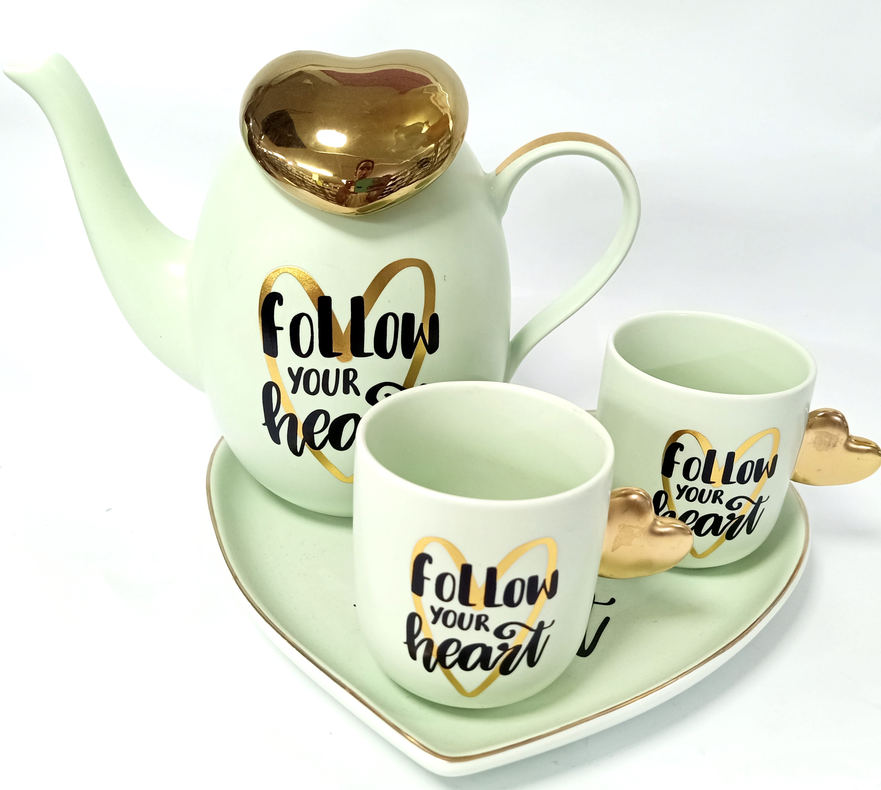 طقم شاى صينى بالبراد و صينيه فولو هيرت 4 ق - قلب اخضر